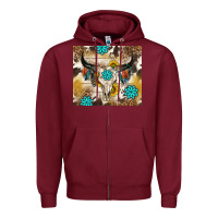 Burgundy cowhide leopard bull skull gemstone Zipper Hoodie - NancyCooperArtShop