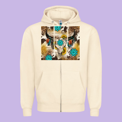 Cowhide Leopard Bull Skull Gemstone Zipper Hoodie Designed By Nancycooperartshop