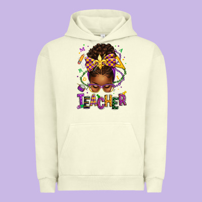 Mardi Gras Teacher Afro Messy Bun Urban Hoodie Designed By Texasbilliewilder