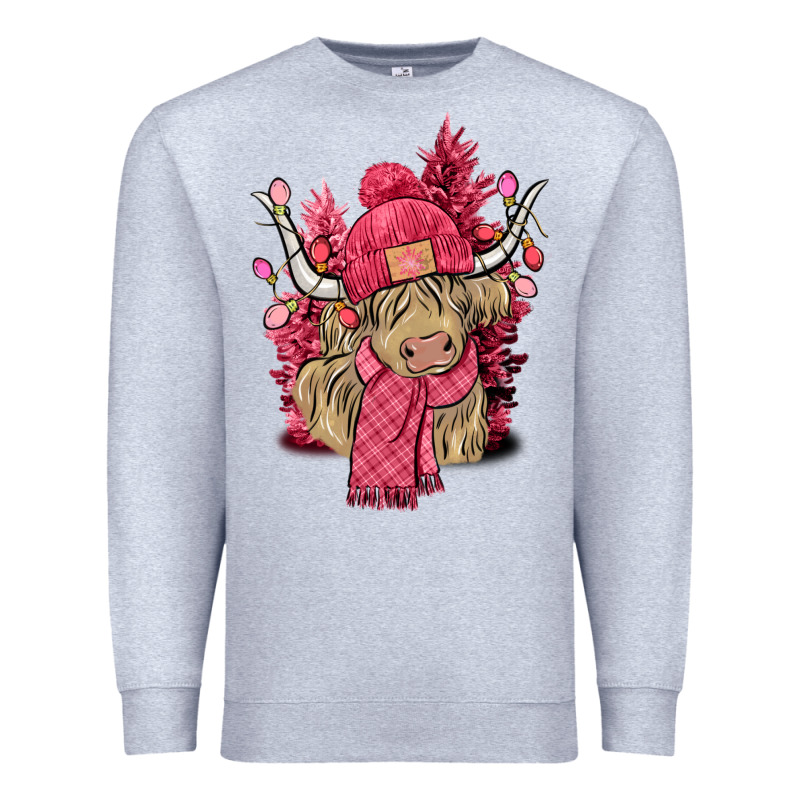 Pink Winter Long Haired Cow Premium Sweatshirt by NancyCooperArtShop | Teevron