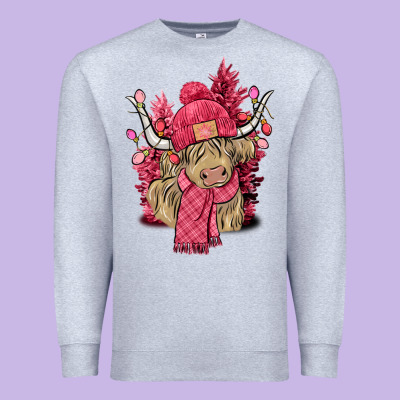 Pink Winter Long Haired Cow Premium Sweatshirt Designed By Nancycooperartshop