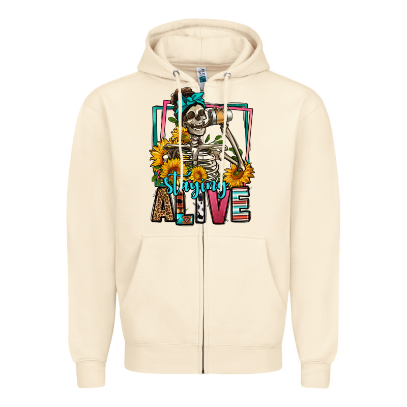 Staying Alive Coffee Drinking Skeleton Zipper Hoodie by Jasminsmagicworld | Teevron