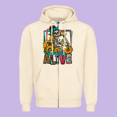 Staying Alive Coffee Drinking Skeleton Zipper Hoodie Designed By Jasminsmagicworld