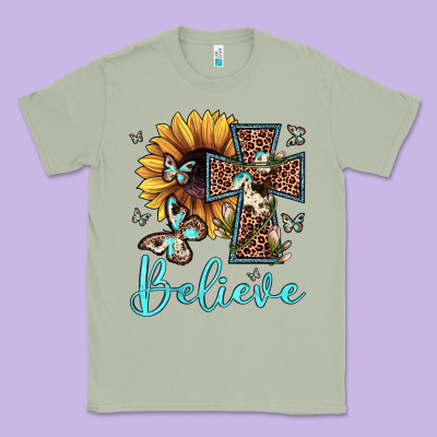 Believe Leopard Cross Sunflower Butterfly Classic Tee Designed By Jahusdesignshop