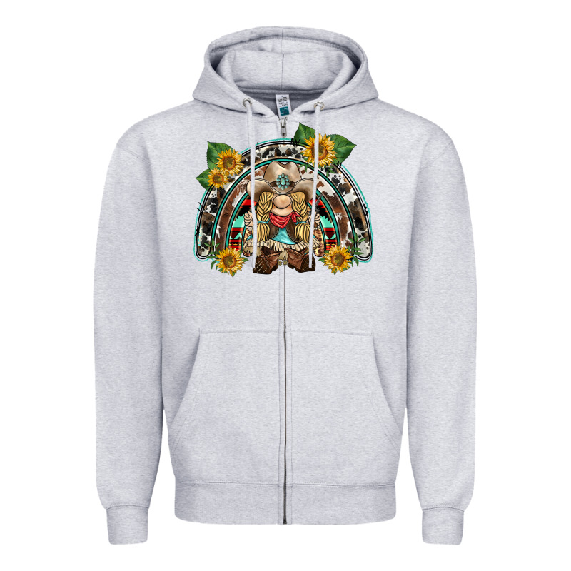 Western Gnome Sunflowers Rainbow Zipper Hoodie by BarkalooDesign | Teevron
