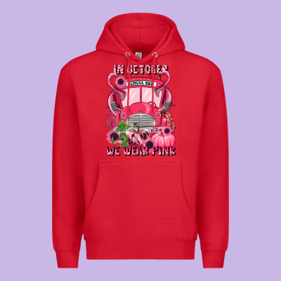 In October We Wear Pink Halloween School Bus Premium Hoodie Designed By Lillyallendesigns