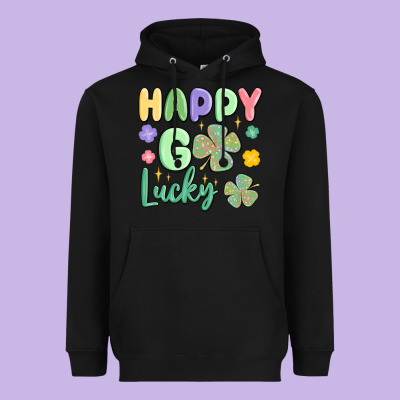 Happy Go Lucky Heavyweight Hoodie Designed By Maliassmallbusiness