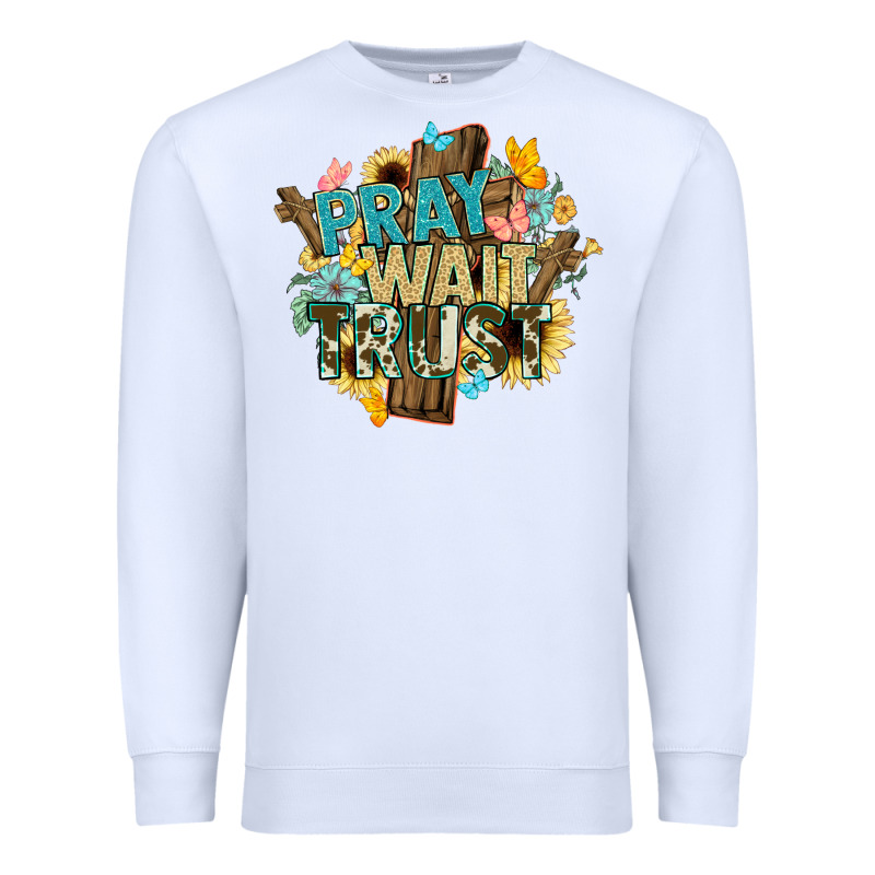 Pray Wait Trust Crosses Christian Premium Sweatshirt by NancyCooperArtShop | Teevron