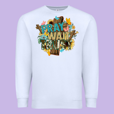 Pray Wait Trust Crosses Christian Premium Sweatshirt Designed By Nancycooperartshop