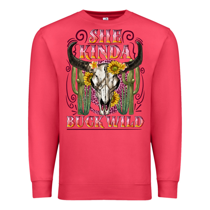She Kinda Buck Wild With Bull Skull Premium Sweatshirt by NancyCooperArtShop | Teevron