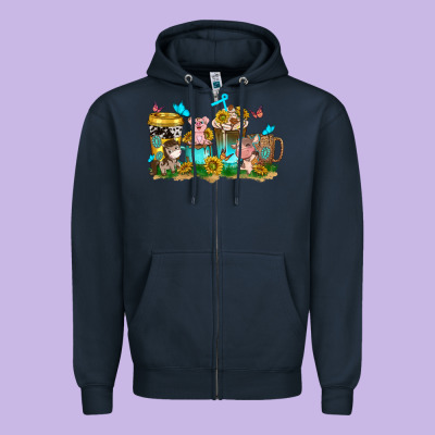Farm Cute Animals With Sunflower Coffee Cups Zipper Hoodie Designed By Nancycooperartshop