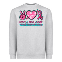 Heather Grey Peace Love Cure Breast Cancer Awareness Heavyweight Sweatshirt - texasbilliewilder