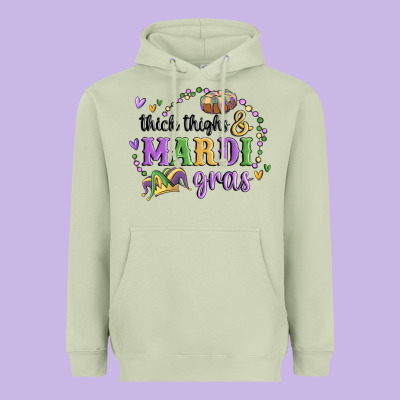 Thick Thighs Mardi Gras Heavyweight Hoodie Designed By Maliassmallbusiness