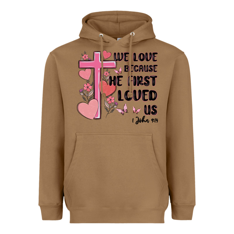 We Love Because He First Loved Us Heavyweight Hoodie by MaliasSmallBusiness | Teevron
