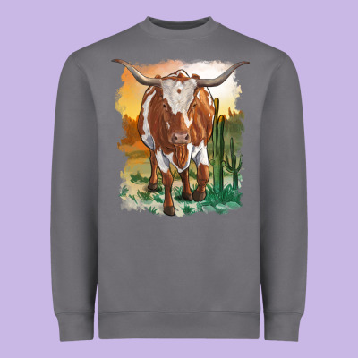 Longhorn Cow With Desert Background Heavyweight Sweatshirt Designed By Ranaportraitstore