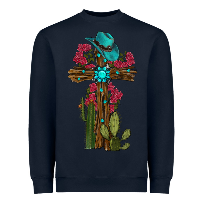 Cross Gemstone Cactus Roses Cowboy Hat Heavyweight Sweatshirt by RanaPortraitStore | Teevron