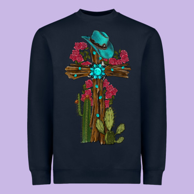 Cross Gemstone Cactus Roses Cowboy Hat Heavyweight Sweatshirt Designed By Ranaportraitstore