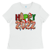 White happy 2022 with christmas tree cake Ladies Tee - AdoDesignShop