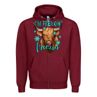 Burgundy i'm freakin freezin long haired cow Zipper Hoodie - Jasminsmagicworld