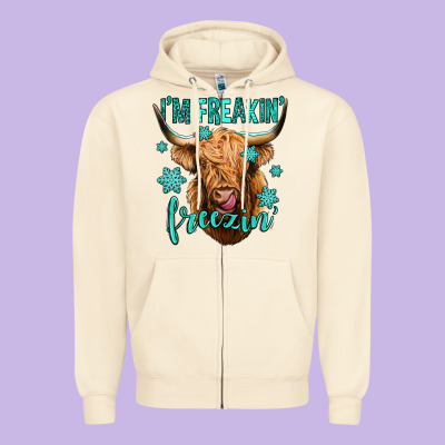 I'm Freakin Freezin Long Haired Cow Zipper Hoodie Designed By Jasminsmagicworld