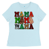 Baby Blue mama mama mama with christmas lights and christmas tree cakes Ladies Tee - AdoDesignShop