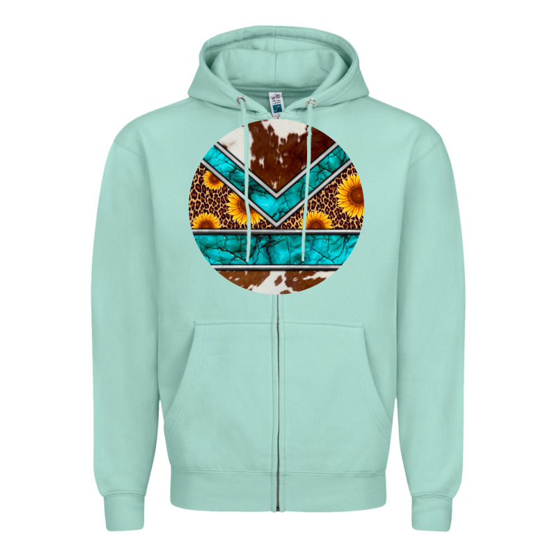 Turquoise Cowhide Leopard Sunflowers Round Zipper Hoodie by Artiststas | Teevron