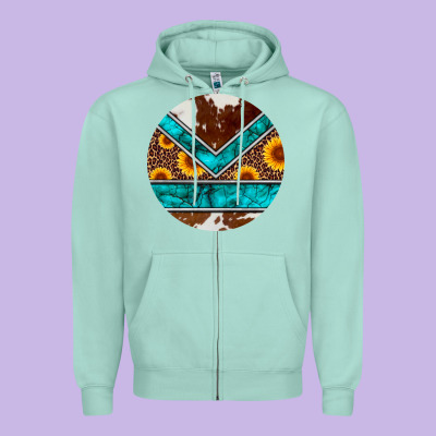 Turquoise Cowhide Leopard Sunflowers Round Zipper Hoodie Designed By Artiststas