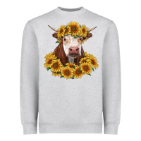 Heather Grey hereford cow with sunflowers Heavyweight Sweatshirt - RanaPortraitStore