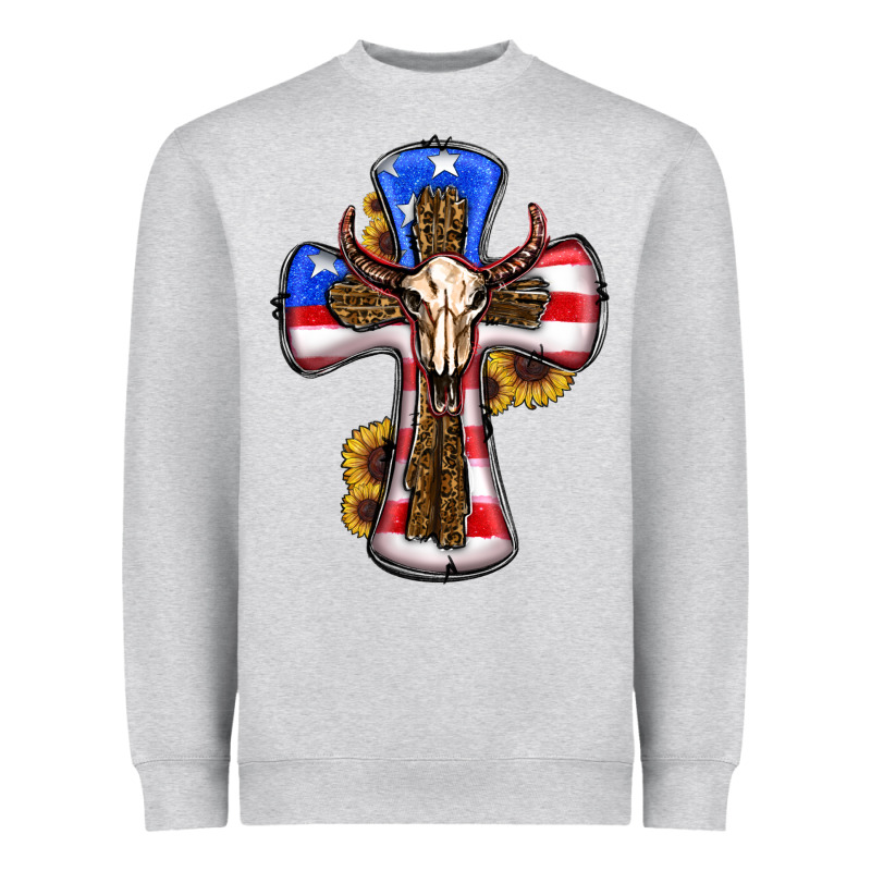 American Flag Cross Cow Skull Sunflowers Heavyweight Sweatshirt by RanaPortraitStore | Teevron