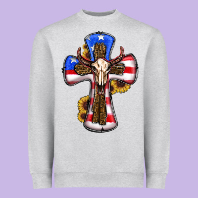 American Flag Cross Cow Skull Sunflowers Heavyweight Sweatshirt Designed By Ranaportraitstore