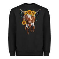 Black longhorn cow with sunflowers Heavyweight Sweatshirt - RanaPortraitStore