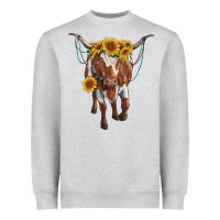 Heather Grey longhorn cow with sunflowers Heavyweight Sweatshirt - RanaPortraitStore