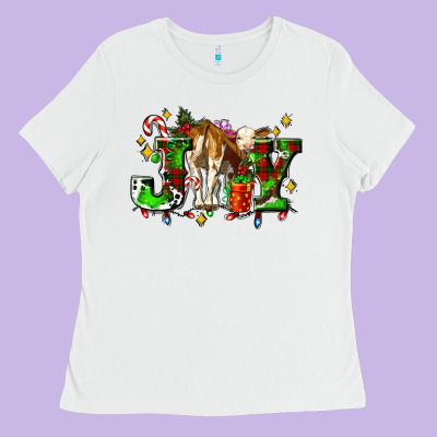 Joy With Baby Cow And Christmas Gifts Mistletoe Ladies Tee Designed By Adodesignshop