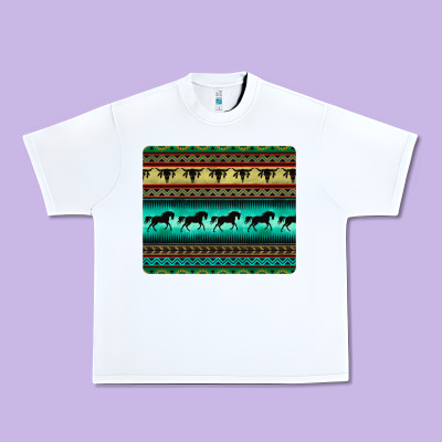 Turquoise Horse And Bullskull Aztec  Pattern Urban Heavy Tee Designed By Barkaloodesign