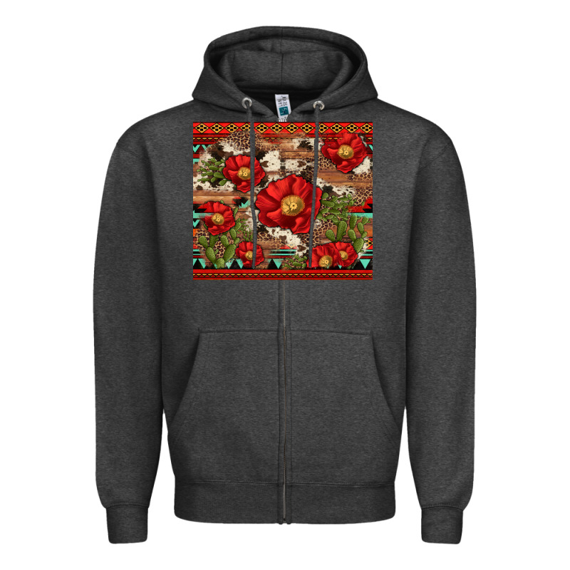 Red Flower And Cactus With Cowhide And Aztec Zipper Hoodie by Artiststas | Teevron