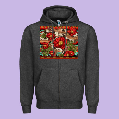 Red Flower And Cactus With Cowhide And Aztec Zipper Hoodie Designed By Artiststas