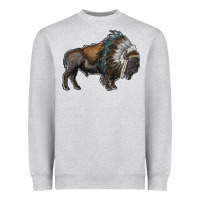 Heather Grey bison with indian headdress Heavyweight Sweatshirt - RanaPortraitStore