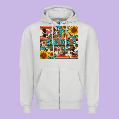 Just A Small Town Girl With Gemstone Sunflower Serape And Cowhide Zipper Hoodie Designed By Artiststas