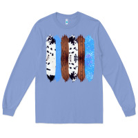Western Farm Life Cowhide Wood Blue Glitter Brush Stroke Long Sleeve Tee | Teevron