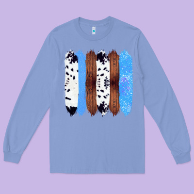Western Farm Life Cowhide Wood Blue Glitter Brush Stroke Long Sleeve Tee Designed By Bettercallsaul