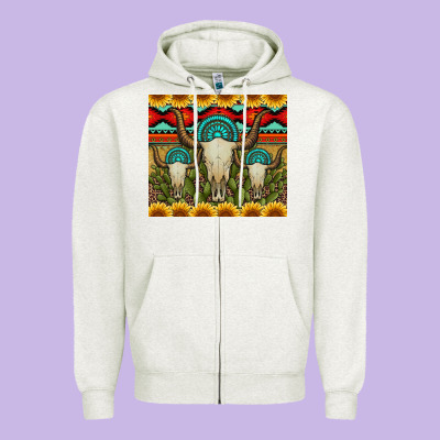 Bull Skulls Gemstones And Cactus With Leopard And Aztec Zipper Hoodie Designed By Artiststas
