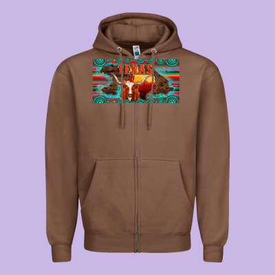 Texas And Map With Longhorn Serape Gemstone Licanse Plate Zipper Hoodie Designed By Artiststas