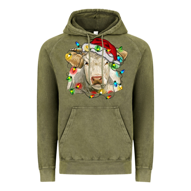 Charolais Cattle Cow With Christmas Lights And Hat Vintage Hoodie by RanaPortraitStore | Teevron