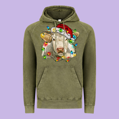 Charolais Cattle Cow With Christmas Lights And Hat Vintage Hoodie Designed By Ranaportraitstore