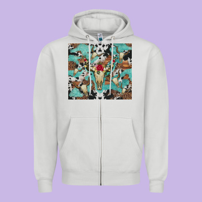 Bull Skull Flowers Cowhides And Leopard Zipper Hoodie Designed By Artiststas