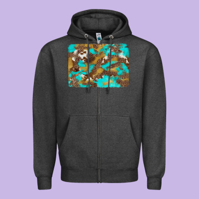 Western Turquoise Leopard And Cowhide Background Zipper Hoodie Designed By Artiststas