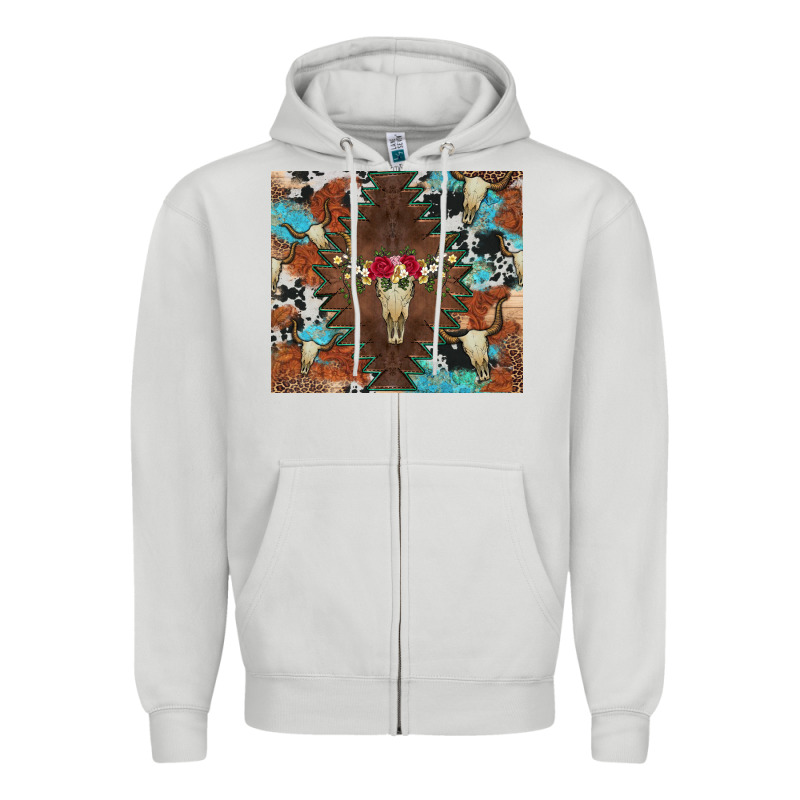 Western Floral Bullskull Cowhide And Leopard Zipper Hoodie by Artiststas | Teevron