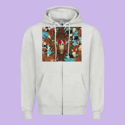 Western Floral Bullskull Cowhide And Leopard Zipper Hoodie Designed By Artiststas