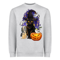 Heather Grey Halloween Cat and Pumpkin Heavyweight Sweatshirt - texasbilliewilder