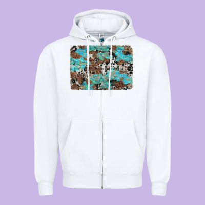 Western Cowhide And Leopard With Turquoise Background Zipper Hoodie Designed By Artiststas